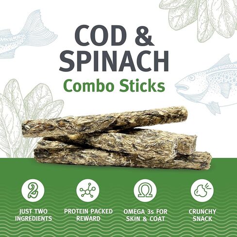 Icelandic+ Combo Sticks: Cod & Spinach - 2oz - Dog Treats, Crunchy 2 Ingredient Pet Snacks, Preservative Free, Wild Caught Fish, Slow Baked, Natural in Saudi Arabia