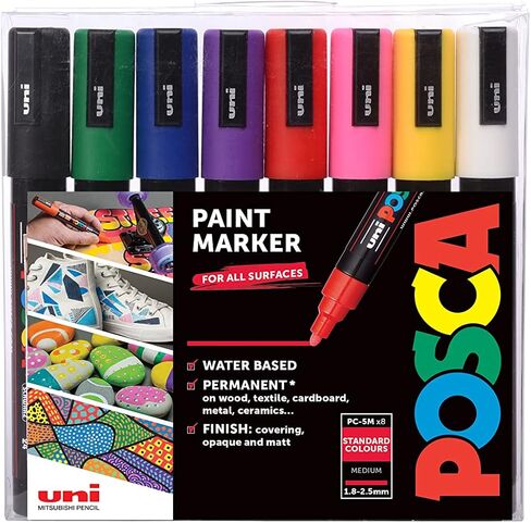 Posca PC-5M Water Based Permanent Marker Paint Pens. Medium Tip for Art & Crafts. Multi Surface Use On Wood Metal Paper Canvas Cardboard Glass Fabric Ceramic Rock Stone Pebble Porcelain. Set of 8 in Saudi Arabia