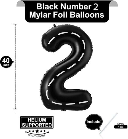 Race Car Number 2 Balloons,40 Inch Racing Car 2 Birthday Balloons Two Fast Balloon Race Track Black 2 Balloon Number for Cars Theme Birthday Party in Saudi Arabia