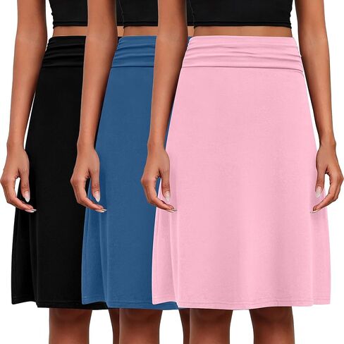 3 Pack Womens Midi Skirts Flowy Lightweight Knee Length Casual Elastic Waist Modest Flared Skirts Trendy Summer in Kuwait