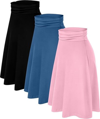3 Pack Womens Midi Skirts Flowy Lightweight Knee Length Casual Elastic Waist Modest Flared Skirts Trendy Summer in Kuwait