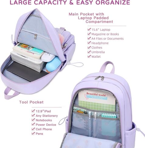 3 PCS Laptop Backpack 15.6 Inch Elementary Middle High School Bag College Backpacks with Lunch Box Pencil Pouch Set Travel Bookbags for Teens Girls Women Students (Blue) in Kuwait