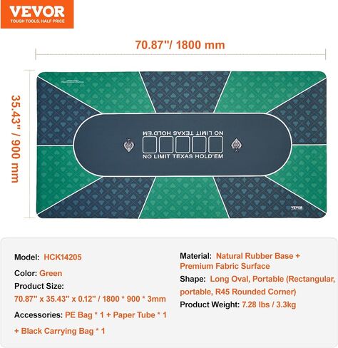 VEVOR Poker Table Top, 70 x 35 Inch Poker Mat for Table, 6-8 Players Foldable Poker Table Top with Carrying Bag, Folding Poker Table Topper for Poker Games, Poker Room, Rectangle, Green in Saudi Arabia
