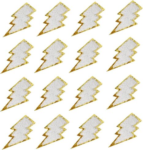 16 Pcs White Lightning Chenille patches with Gold Edges, Iron on Patches for Hats Clothes Bags Backpacks Jeans Repair. (16 pcs white) in Saudi Arabia