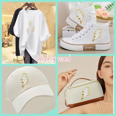 16 Pcs White Lightning Chenille patches with Gold Edges, Iron on Patches for Hats Clothes Bags Backpacks Jeans Repair. (16 pcs white) in Saudi Arabia