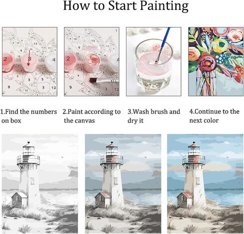 GemZono Paint by Numbers Kit for Adults Beginner, Lighthouse Beach Boat Adults DIY Acrylic Watercolor Oil Paint by Number on Canvas for Home Decor Gift 12x16 inch in Saudi Arabia