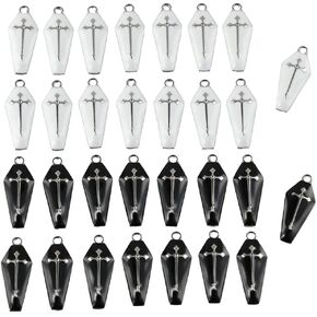 30Pcs Coffin Cross Charms,Enamel White Black Coffin with Cross Charms,Gothic Earring Halloween Theme Earring Charms with Holes for DIY Jewelry Craft Making Accessories Party Decor