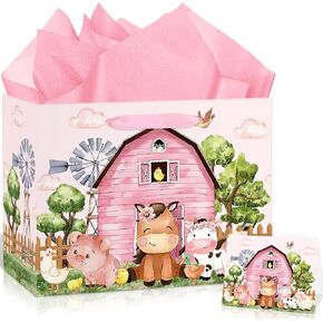 Farm Animals Theme Birthday Gift Bag for Girls Baby Shower Pink Farmhouse Barnyard Gift Bag Wrapping Paper Card Large Cows Pigs Gifts Bag for Baby Shower Farm Birthday Party Favors Supplies