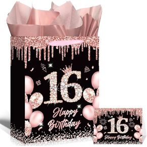 ROCKY&CHAO Black Rose Gold 50 & Fabulous 50th Birthday Gift Bag for Women, Happy Sweet 50th Birthday Gift Bag with 50th Birthday Wrapping Paper Card for 50th Birthday Decorations Party Supplies