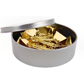 Office Organization with 12-Piece Gold Tone Binder Clips Set: 1-Inch Metal Clips in a Stylish Magnetic Round Tin Box with Transparent Cover