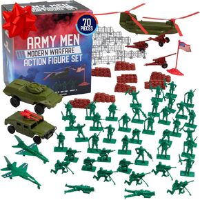 Army Men Modern Warfare Action Figures- 70pcs w Unique Sculpts- Military Toy World War II Soldiers & Artillery Playset w Jets, Tanks, Barbed Wire, Sandbags & More- Great for Playtime, Dioramas, Gifts