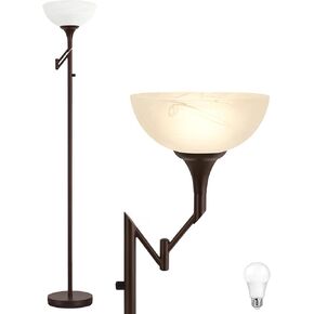 Floor Lamp for Living Room - 70" Black Torchiere Standing Floor Lamps with Glass Shade - Tall Corner Lamp Decor for Bedroom with Adjustable Swing Arm LED Reading Light for Home Office