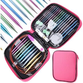 Aluminium Knitting Needle Set, 26 Pcs Interchangeable Knitting Needle with 4Pcs Circular Plastic Wires Set with Portable Case