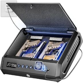 Large Biometric Gun Safe fits 4 pistols, 100 Sets of Fingerprint Handgun Safe with Internal Light & Silent Mode, Emergency Power Supply Gun Lock Box for Home Bedroom Bedside Nightstand and Car TOPMEDA