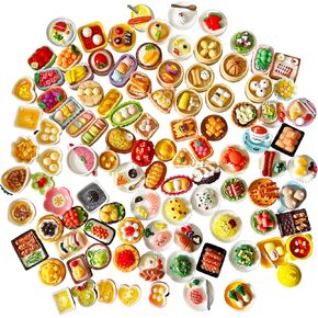 100pcs Mini Delicious Food Dishes DIY Dollhouse Pretend Kitchen Play Cooking Game Resin Flatback Decoration Sets