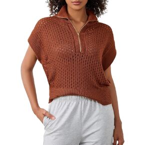 Womens Oversized Hollow Out Sweater Vest Quarter Zip Cap Sleeve Lapel Casual See Through Crochet Knit Tops
