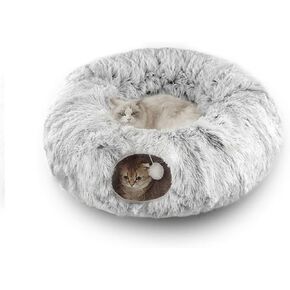 Soft Plush Cat Tunnel with Donut Bed, Peekaboo Cave for Indoor Cats, Kittens, Rabbit, Ferret, Grey