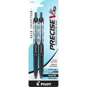 Pilot, Precise V5 RT Deco Collection Refillable & Retractable Liquid Ink Rolling Ball Pens, Extra Fine Point 0.5 mm, Black, Pack of 2