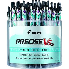 Pilot, Precise V5 RT Deco Collection Refillable & Retractable Liquid Ink Rolling Ball Pens, Extra Fine Point 0.5 mm, Black, Pack of 2