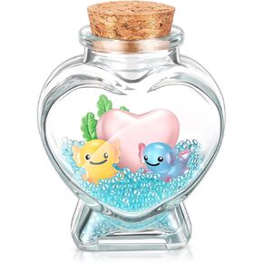 Civaner Axolotl Valentine Favors Including Mini Glow Axolotl Figures, Heart Glass Bottle, Resin Coral, Glow Resin Heart, Bead Tank Charms DIY Craft Kit for Class Valentine Gifts(Blue, Pink)
