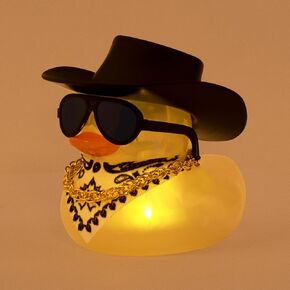 wonuu Car Rubber Duck with Light, Yellow Ducky with Bandana Necklace Sunglasses for Dashboard Decoration, White Light-Black Dot Cowboy Hat