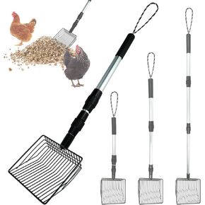 Chicken Poop Scooper 3 in 1 Adjustable Long Handle Litter Scoop (22-41.7inch) Cat Litter Scoop Heavy Duty Metal Chicken Poop Scooper Litter Sieving Shovel, Chicken Coop Accessories