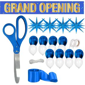 Blue Ribbon Cutting Ceremony Kit - 25 Inch Scissors for Grand Opening Blue Satin Ribbon Blue Star Balloons and Grand Opening Banner for Special Ceremonies Inaugurations Events