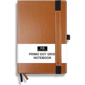 RICCO BELLO Primo Dotted Grid Bullet Journal Notebook, Faux Leather, Pen Holder, Numbered Pages, Index, Thick Paper, Ribbon Bookmarks, Expandable Storage Pocket 5.7 x 8.4 Inches (Brown)