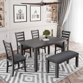 NicBex Dining Table for 6 Kitchen & Dining Room Tables Dining Room Table and Chairs with Bench, Rustic Wood Dining Set, 6 Piece Dining Table Set for Small Space, Apartment, Gray