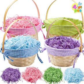 JOYIN 4 Pcs Easter Gift Woven Basket with Handles and 4 Colors Grass Paper Shreds for Easter Egg Hunt, Kids Party Supplies