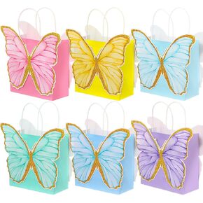 24 Pcs Butterfly Party Favor Bags with Handles Pink Purple Blue Butterfly Goodie Gift Paper Treat Candy Bags for Birthday Party Bridal Showers Supplies(Fresh Colors)