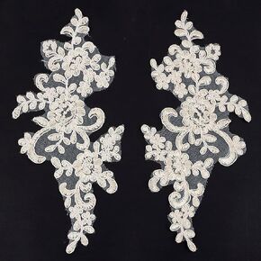 GORGECRAFT 2 Pair 3D Beaded Flower Sequence Lace Applique Motif Sew On Embroidered Lace Applique Wedding Dress Bride's Headdress Adornment Patch for Clothes Sewing Craft Decoration, White