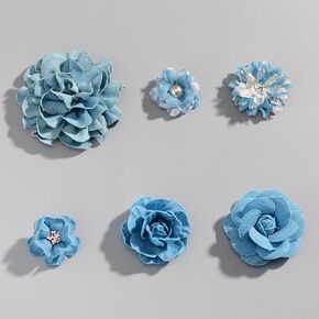 9 PCS Denim Fabric Flower Shape Patch Set，Denim Ribbon Fabric Flowers for Dresses，Denim and Flower Decorations Crafts for Party (Dark Blue)