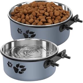 kathson 2 Pcs Dog Kennel Water Bowl, Stainless Steel Crate Water Bowl No Spill, Hanging Metal Pet Food Water Bowl Feeder for Cats Small Medium Dogs (Gray)
