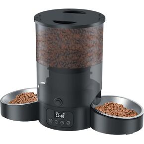 SURDY Automatic Cat Feeder for 2 Cats, 3L Cat Food Dispenser Auto Cat Feeder with 2 Stainless Bowls, 10s Meal Call Dual Power Supply and Timer Setting 12 Portions 6 Meals Per Day for Cats (White, 3L)
