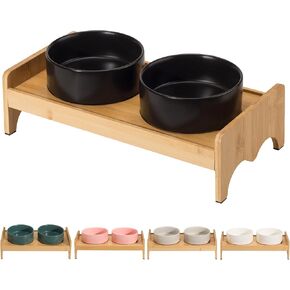 Elevated Ceramic Dog Bowl Set - Double Dog Bowls with Bamboo Stand Anti Vomiting - Raised Dog Food and Water Bowl Set - Dog Feeding Bowls - Fit for Small and Medium Sized Dogs - 28.74 OZ - 3.6 Cups