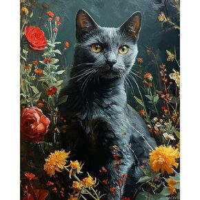 QACEYID Paint by Number, Russian Blue Cat in Midnight Gardens, Adult Crafts Adults Paint by Number Kits, Room Decor Gift for Birthday Festival 16x20 inch