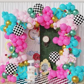 Alice in Wonderland Balloon Garland Arch Kit, 163pc Purple Pink Rainbow Balloons with Chessboard Balloons for Spring Tea Party Onederland Birthday Baby Shower Party Decorations