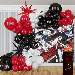 Red and Black White Balloon Garland Set 128 Pcs Red Balloons Sneaker Stickers for Ladybug Birthday Party Decorations,Graduation,Sports,Soccer,Sneaker Themed Celebrations