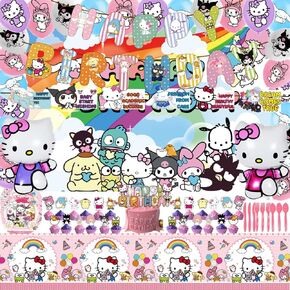Kawaii Anime theme birthday party decorations, cake toppers, party supplies, including: banners, stickers, plates, backdrops, balloons, tablecloths.