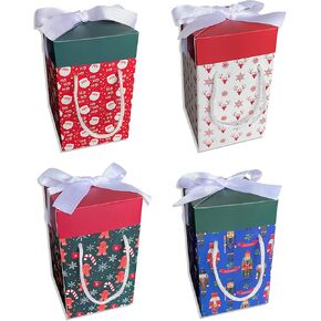 Valentine's Day Gift Boxes with Lids for Presents - 4 Pcs 5,9x3,5x3,5 Inches Couple Love Themed Ribbon and Package Carrying Rope Included Small Decorative Holiday Valentine's Day Gift Bags Party Favors (Christmas)