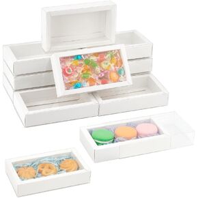NBEADS 12 Pcs Rectangle Drawer Kraft Boxes, 6.3x3.54x1.26 Inch Gift Packaging Case Foldable Paper Drawer Boxes with Clear Plastic Cover for Party Favor Treats Candy and Jewelry Crafts, Burlywood