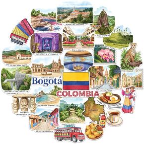Navy Peony Colorful Colombia Travel Stickers (28pcs) - Hand-Illustrated, Cumbia, Colombian-Themed Vacation Decals for Journals, Scrapbooks, Luggage
