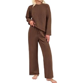 PRETTYGARDEN 5 Piece Outfits For Women Casual Tracksuit Long Sleeve Pullover Tops And Wide Leg Long Pants Matching Lounge Sets (Coffee, Small)