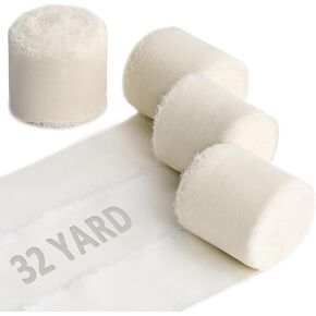 XSEINO 1.57" x 32Yard Chiffon Silk Ribbon Ivory White Ribbons Set 8 Yd x 4 Rolls Fringe Fabric Eco-Friendly for Wedding Invitations, Bridal Bouquets, Decorations, Gifts Wrapping & Bow Making