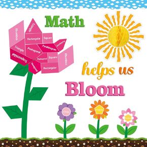 BeYumi Spring Math Bulletin Board - 58Pcs Math Helps Us Bloom Classroom Bulletin Borders Geometric Shapes Flower Cutout Sun Honeycomb Sky Grass Border Trim Maths Classroom School Chalkboard Decoration