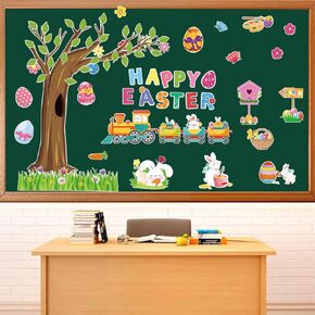 81 Pieces Easter Bulletin Board Decorations Set Happy Easter Classroom Decorations Easter Spring Tree Bunny Eggs Flowers Cutouts for School Classroom Office Home,with glue point