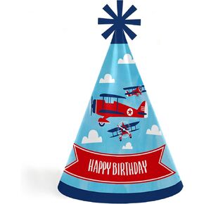 Big Dot of Happiness Taking Flight - Airplane - Cone Happy Birthday Party Hats for Kids and Adults - Set of 8 (Standard Size)