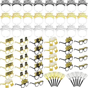 72 Pcs New Years Eve Party Supplies 2025 Include Happy New Year Eyeglasses Headband Tiara and New Year Party Fringed Noise Makers 2025