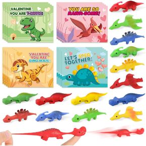 Shemira Valentines Day Cards for Kids, 32 Pack Slingshot Dinosaur Finger Fidget Toys with Valentines Cards for Kids, Valentine Cards for Kids School Classroom Favors, Valentines Day Gifts for Kids